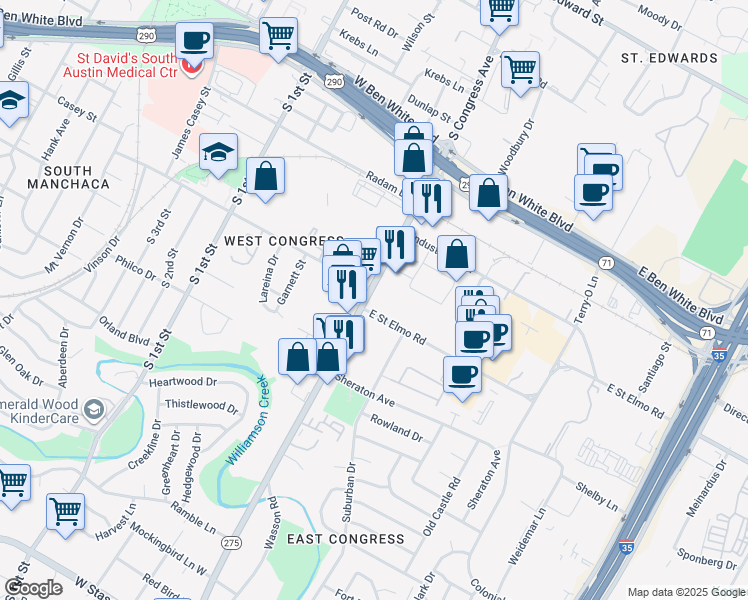 map of restaurants, bars, coffee shops, grocery stores, and more near 4361 South Congress Avenue in Austin