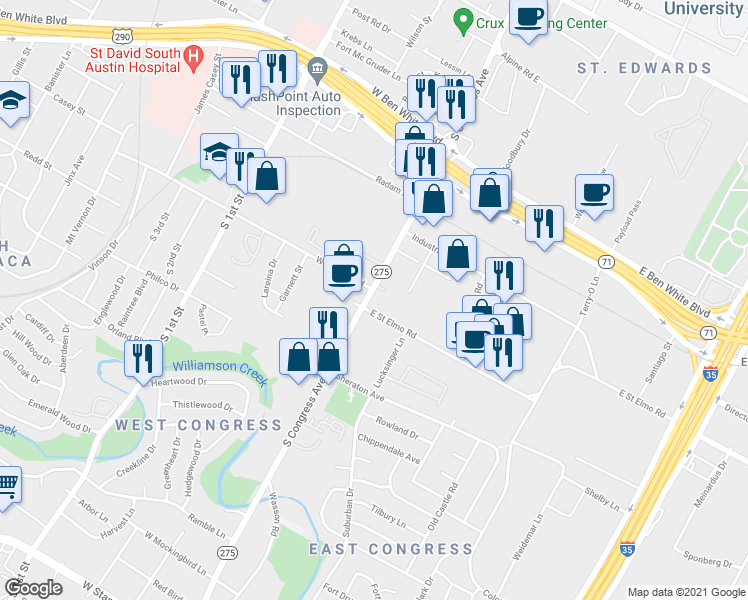 map of restaurants, bars, coffee shops, grocery stores, and more near 4361 South Congress Avenue in Austin
