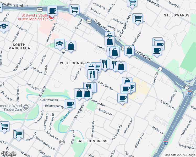 map of restaurants, bars, coffee shops, grocery stores, and more near 4361 South Congress Avenue in Austin