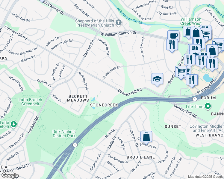 map of restaurants, bars, coffee shops, grocery stores, and more near 5001 Convict Hill Road in Austin