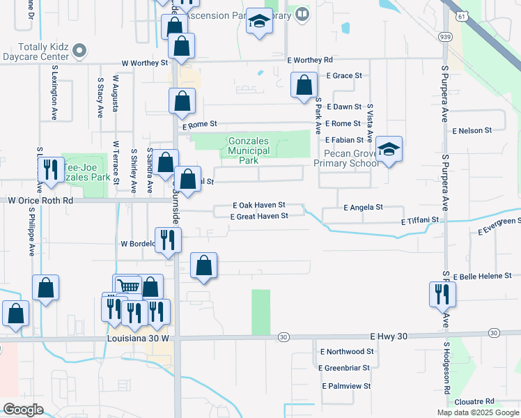 map of restaurants, bars, coffee shops, grocery stores, and more near 610 East Great Haven Street in Gonzales