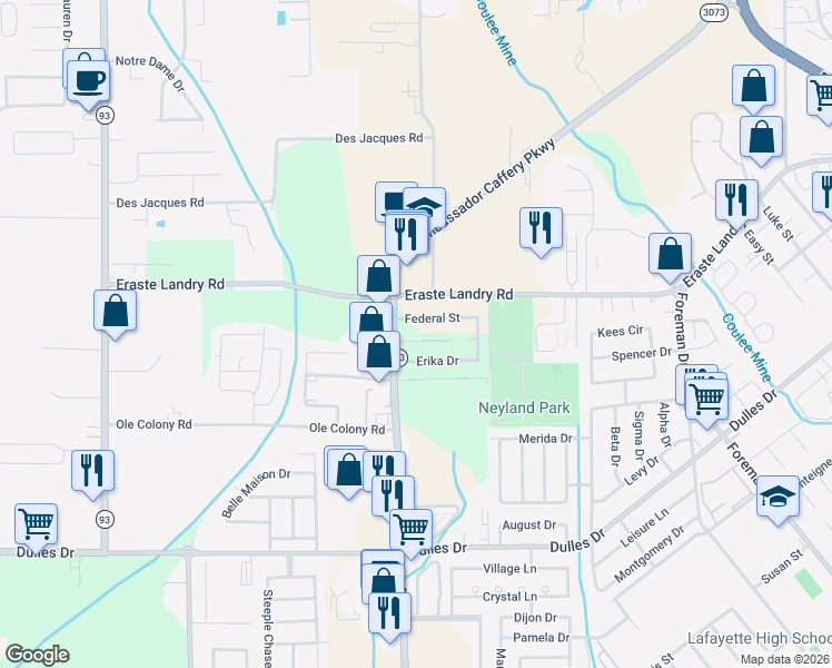 map of restaurants, bars, coffee shops, grocery stores, and more near 106 Sunshine Street in Lafayette