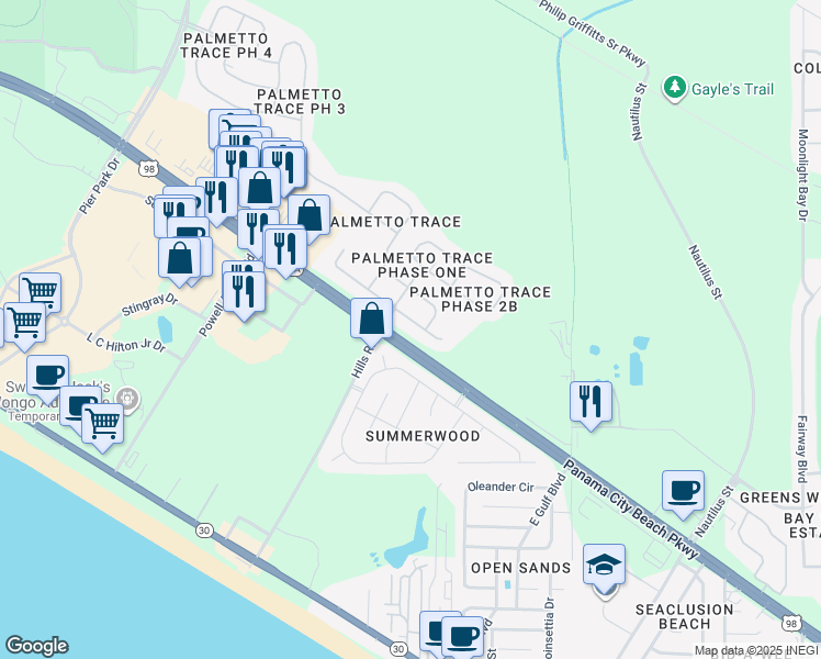 map of restaurants, bars, coffee shops, grocery stores, and more near 107 Biltmore Place in Panama City Beach
