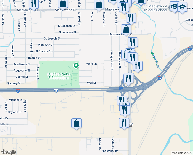 map of restaurants, bars, coffee shops, grocery stores, and more near 2204 Comanche Street in Sulphur