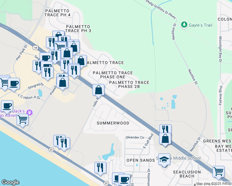 map of restaurants, bars, coffee shops, grocery stores, and more near 110 Covington Street in Panama City Beach