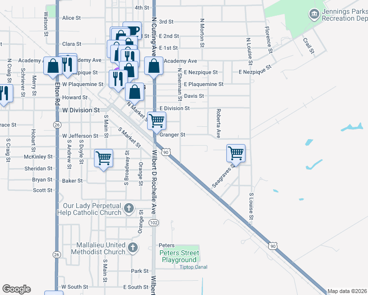 map of restaurants, bars, coffee shops, grocery stores, and more near 501-599 Broussard Lane in Jennings