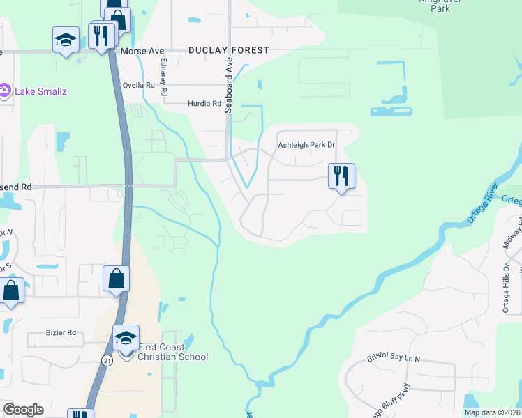 map of restaurants, bars, coffee shops, grocery stores, and more near 7102 Shady Pine Court in Jacksonville