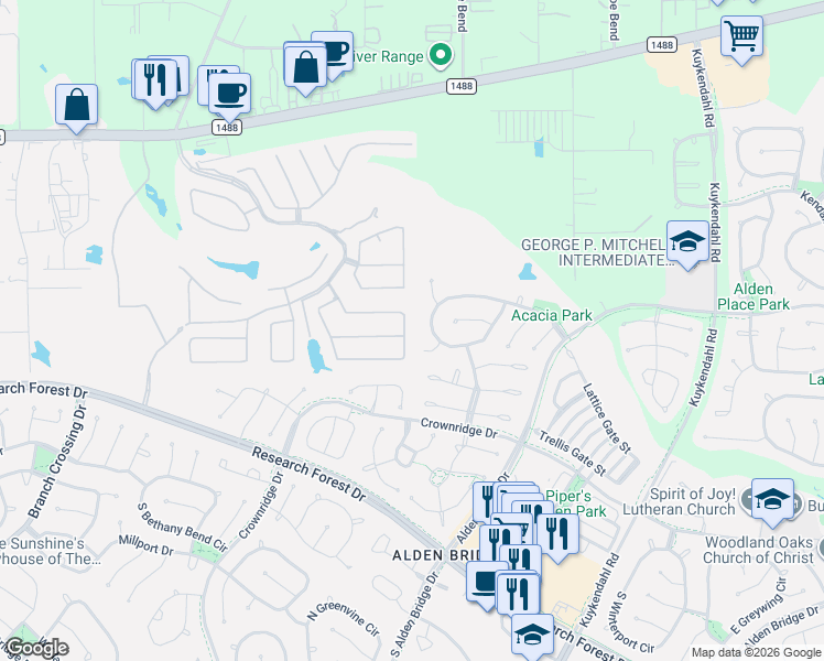 map of restaurants, bars, coffee shops, grocery stores, and more near 18 Bonnaire Drive in Spring