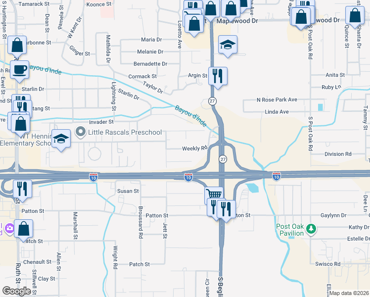 map of restaurants, bars, coffee shops, grocery stores, and more near 1512 Weekly Road in Sulphur