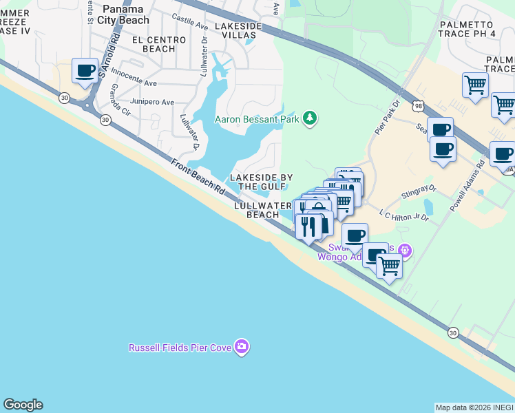 map of restaurants, bars, coffee shops, grocery stores, and more near 16328 Front Beach Road in Panama City Beach