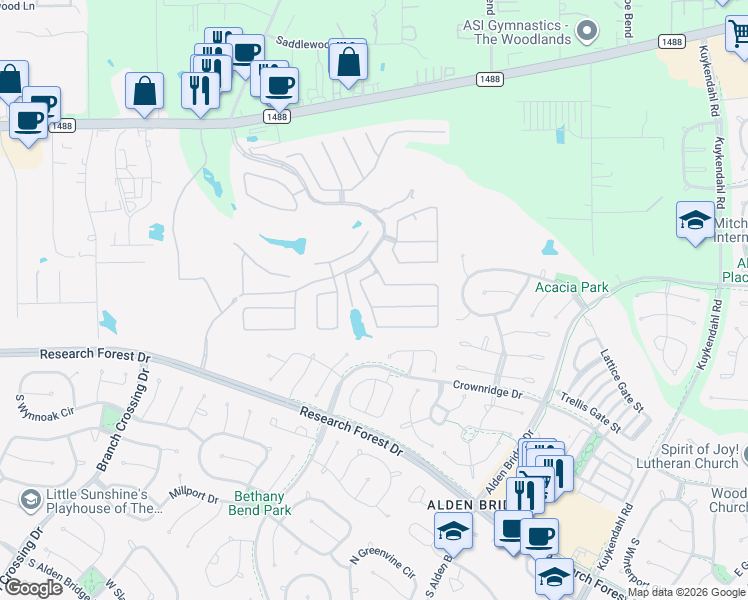 map of restaurants, bars, coffee shops, grocery stores, and more near 168 Wild Wick Way in The Woodlands