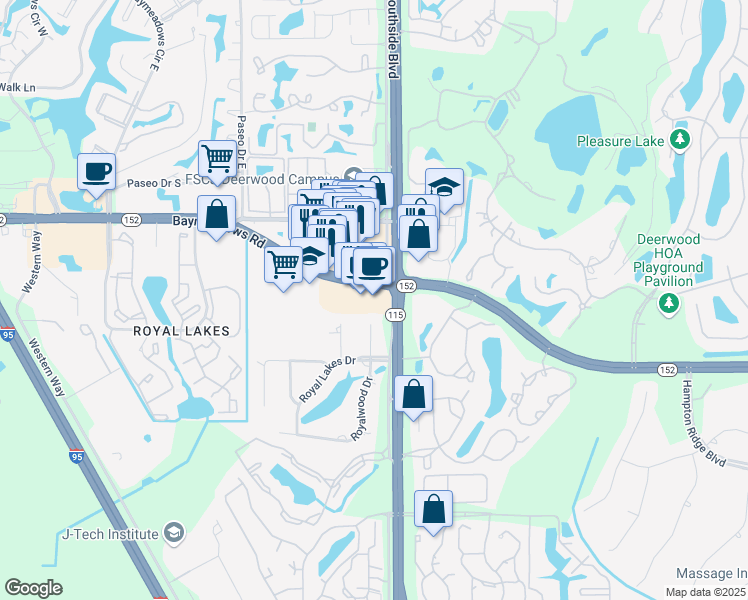 map of restaurants, bars, coffee shops, grocery stores, and more near 9810 Baymeadows Road in Jacksonville