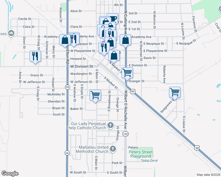 map of restaurants, bars, coffee shops, grocery stores, and more near 201-299 East Madison Street in Jennings