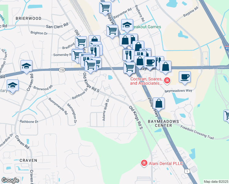 map of restaurants, bars, coffee shops, grocery stores, and more near 8859 Old Kings Road South in Jacksonville