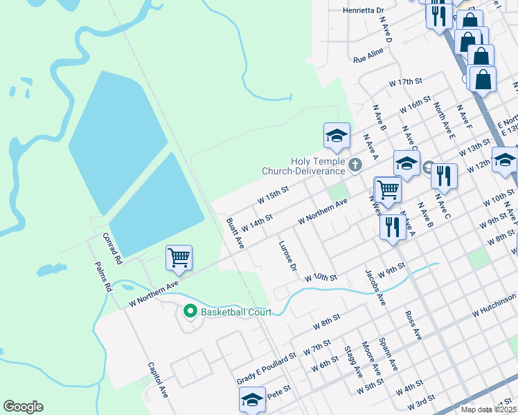 map of restaurants, bars, coffee shops, grocery stores, and more near 1400 Hoffpauir Avenue in Crowley