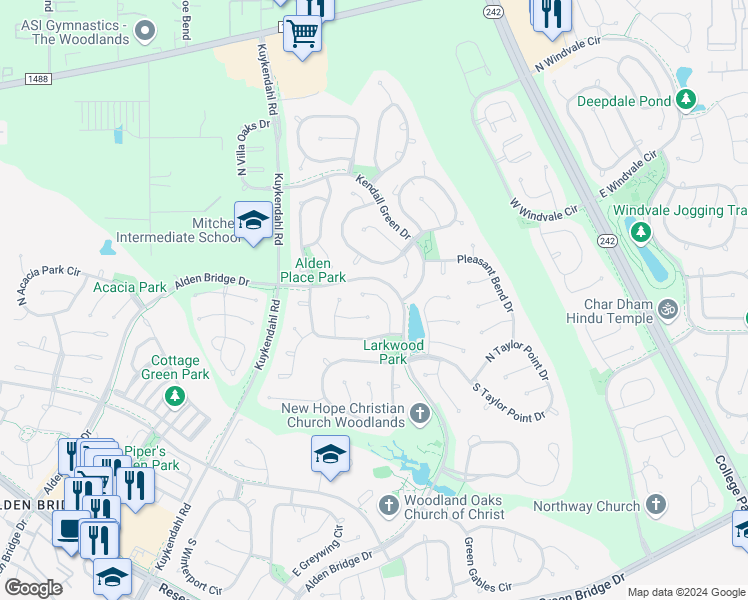 map of restaurants, bars, coffee shops, grocery stores, and more near 14 Leaf Spring Place in Spring
