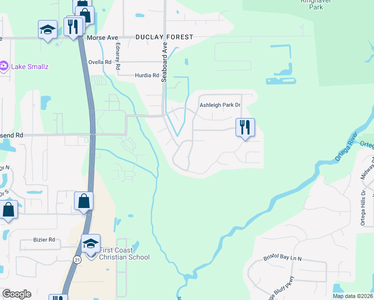map of restaurants, bars, coffee shops, grocery stores, and more near 7102 Shady Pine Court in Jacksonville