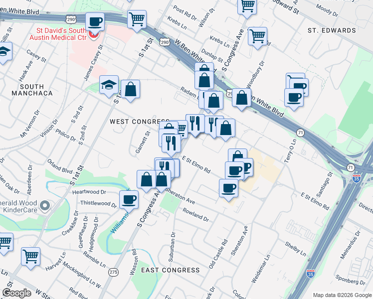 map of restaurants, bars, coffee shops, grocery stores, and more near 4361 South Congress Avenue in Austin