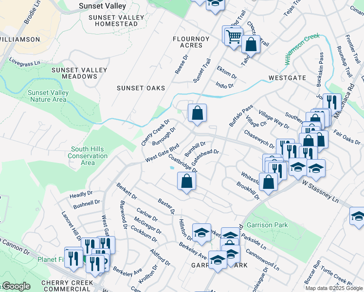 map of restaurants, bars, coffee shops, grocery stores, and more near 5902 Burnhill Drive in Austin