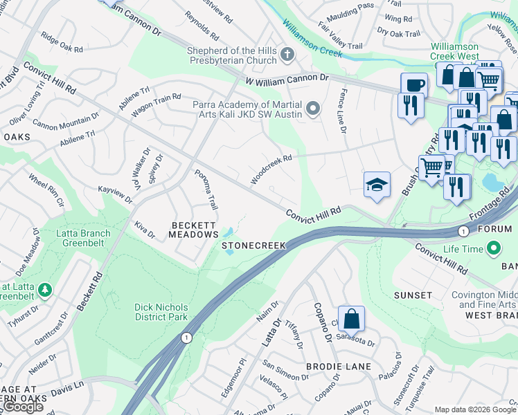 map of restaurants, bars, coffee shops, grocery stores, and more near 5119 1/2 Convict Hill Road in Austin