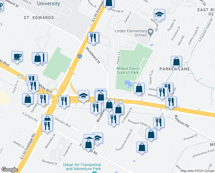 map of restaurants, bars, coffee shops, grocery stores, and more near 2021 Woodward Street in Austin