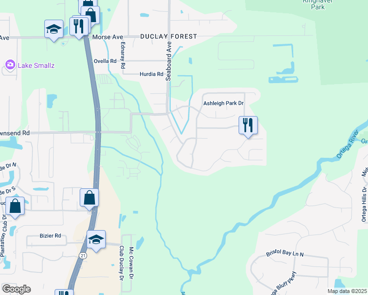 map of restaurants, bars, coffee shops, grocery stores, and more near 7029 Shady Pine Street in Jacksonville