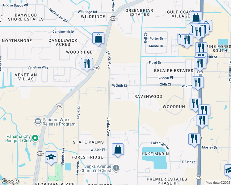 map of restaurants, bars, coffee shops, grocery stores, and more near 2613 Katie Marie Lane in Lynn Haven