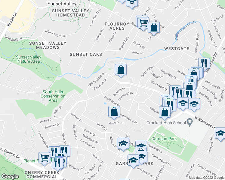 map of restaurants, bars, coffee shops, grocery stores, and more near 5801 West Gate Boulevard in Austin