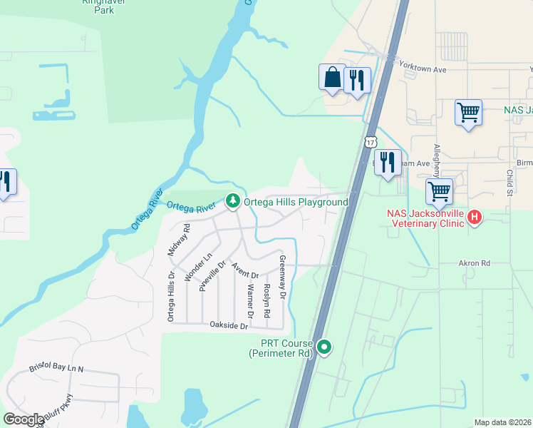 map of restaurants, bars, coffee shops, grocery stores, and more near 5019 Homecrest Circle in Jacksonville