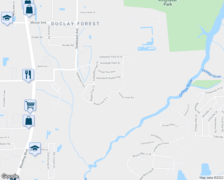 map of restaurants, bars, coffee shops, grocery stores, and more near 5507 Shady Pine Street South in Jacksonville