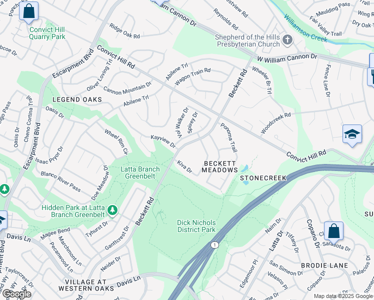 map of restaurants, bars, coffee shops, grocery stores, and more near 7709 Beckett Road in Austin