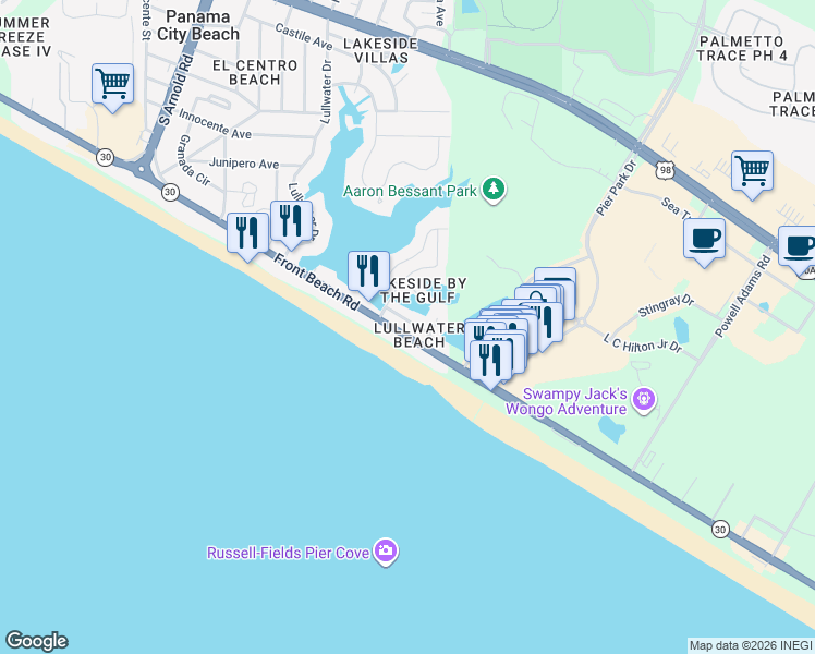 map of restaurants, bars, coffee shops, grocery stores, and more near 16417 Front Beach Road in Panama City Beach