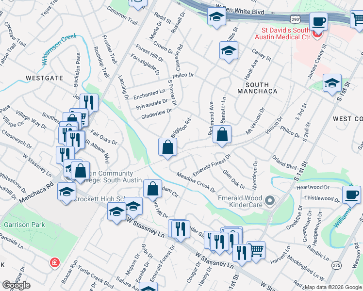 map of restaurants, bars, coffee shops, grocery stores, and more near 5054 Richmond Avenue in Austin