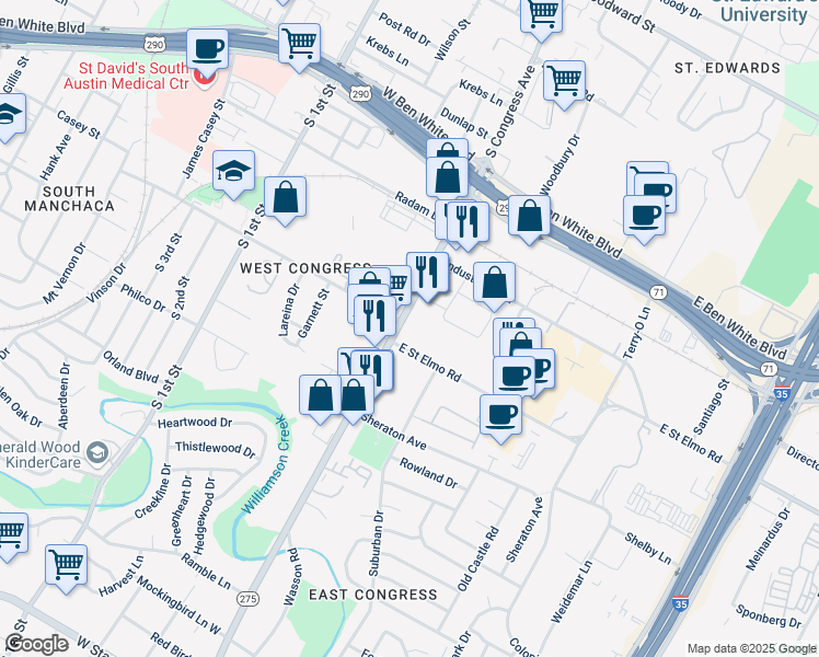 map of restaurants, bars, coffee shops, grocery stores, and more near 4361 South Congress Avenue in Austin