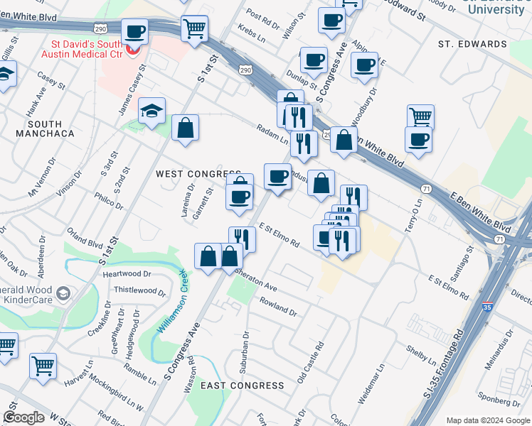 map of restaurants, bars, coffee shops, grocery stores, and more near 4361 South Congress Avenue in Austin