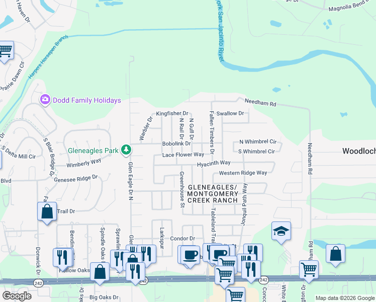 map of restaurants, bars, coffee shops, grocery stores, and more near 9884 Lace Flower Way in Conroe