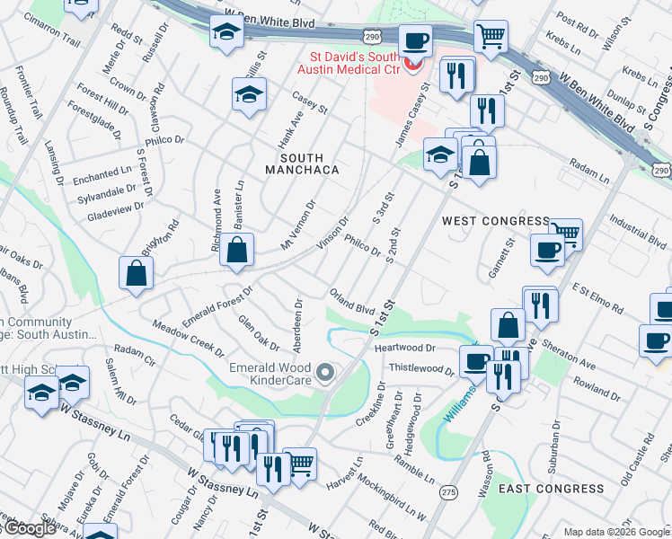 map of restaurants, bars, coffee shops, grocery stores, and more near 4614 Englewood Drive in Austin