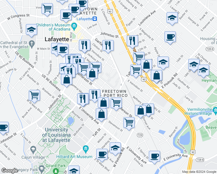 map of restaurants, bars, coffee shops, grocery stores, and more near 518 Stewart St in Lafayette