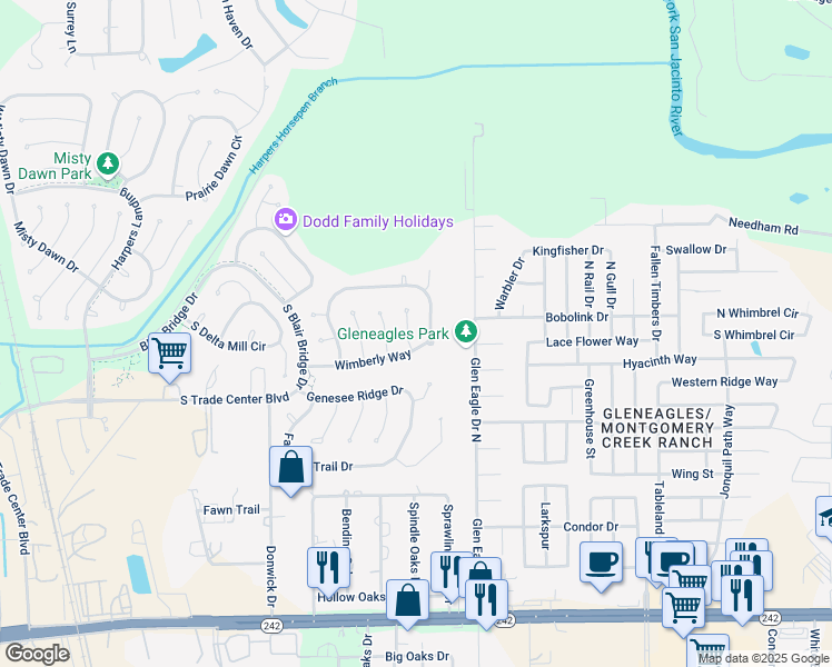 map of restaurants, bars, coffee shops, grocery stores, and more near 10 Terrell Trail Court in Conroe