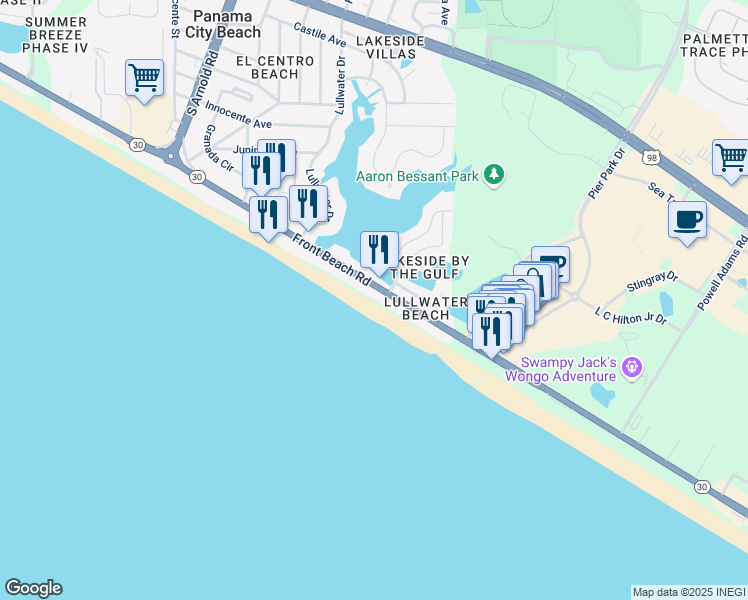 map of restaurants, bars, coffee shops, grocery stores, and more near 16513 Front Beach Rd in Panama City Beach