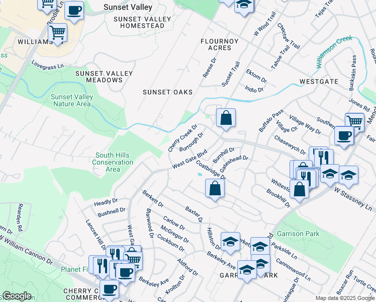 map of restaurants, bars, coffee shops, grocery stores, and more near 5912 West Gate Boulevard in Austin