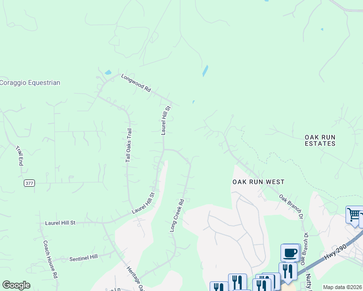 map of restaurants, bars, coffee shops, grocery stores, and more near 3 Long Creek Road in Austin