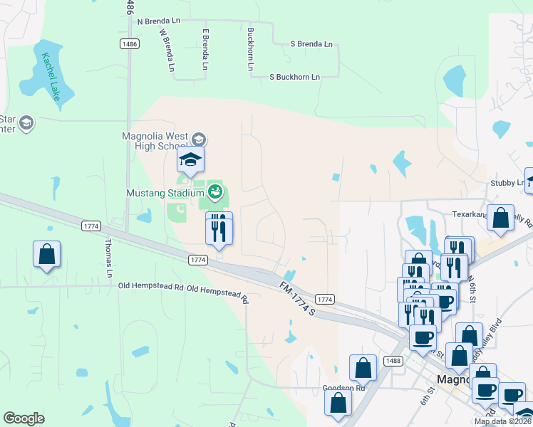 map of restaurants, bars, coffee shops, grocery stores, and more near 41902 Farm-To-Market Road 1774 in Magnolia