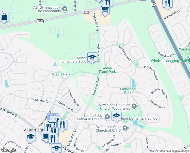map of restaurants, bars, coffee shops, grocery stores, and more near 11 East Gaslight Place in Spring