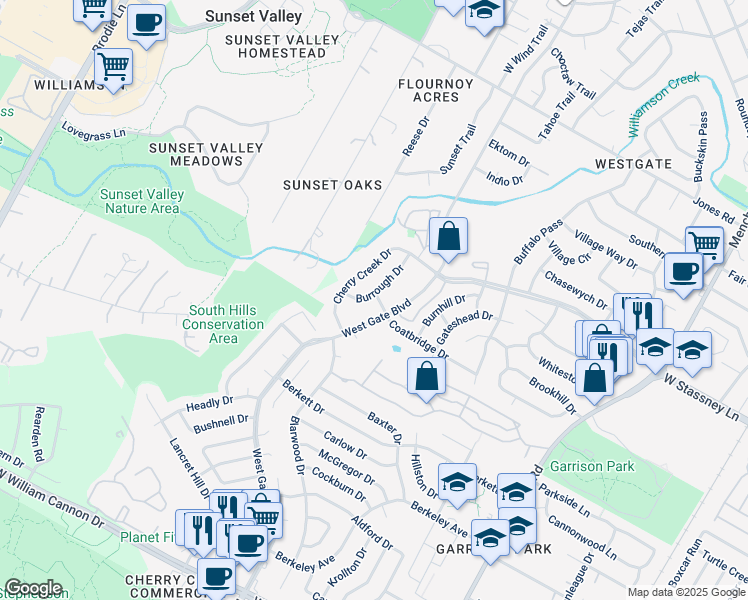 map of restaurants, bars, coffee shops, grocery stores, and more near 5912 West Gate Boulevard in Austin