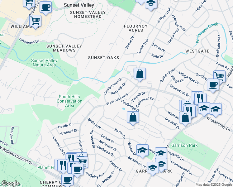 map of restaurants, bars, coffee shops, grocery stores, and more near 5912 West Gate Boulevard in Austin