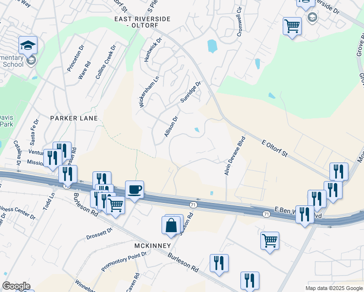map of restaurants, bars, coffee shops, grocery stores, and more near 5202 East Ben White Boulevard in Austin