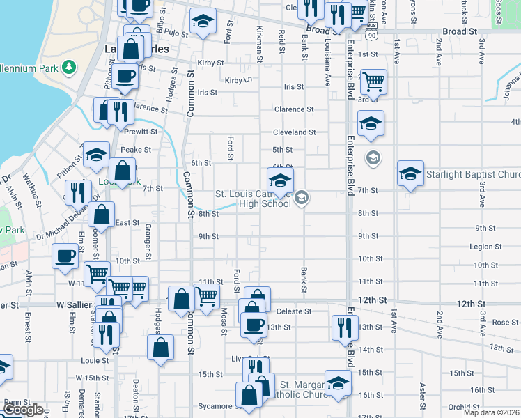 map of restaurants, bars, coffee shops, grocery stores, and more near 1615 Kirkman Street in Lake Charles