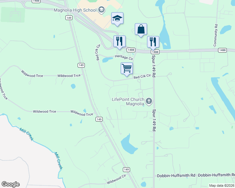 map of restaurants, bars, coffee shops, grocery stores, and more near 14002 Williams-Fritz Road in Magnolia