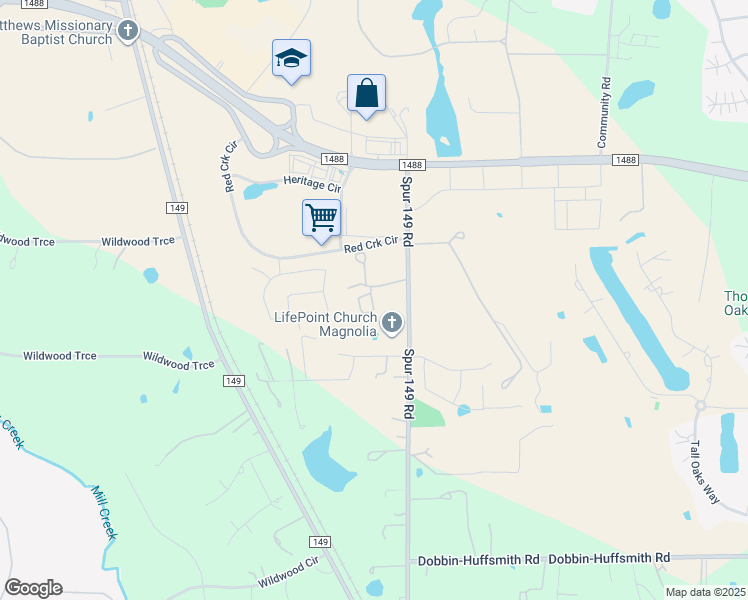 map of restaurants, bars, coffee shops, grocery stores, and more near 38839 Spur 149 Road in Magnolia